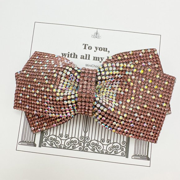 Pink Rhinestone Bow Tie Hair Barrette Medium Size - Picture 6 of 7
